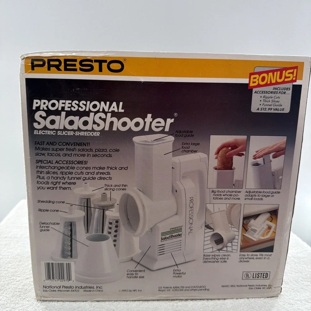 Presto Professional Salad Shooter Model 02970 White Electric Slicer Shredder NEW